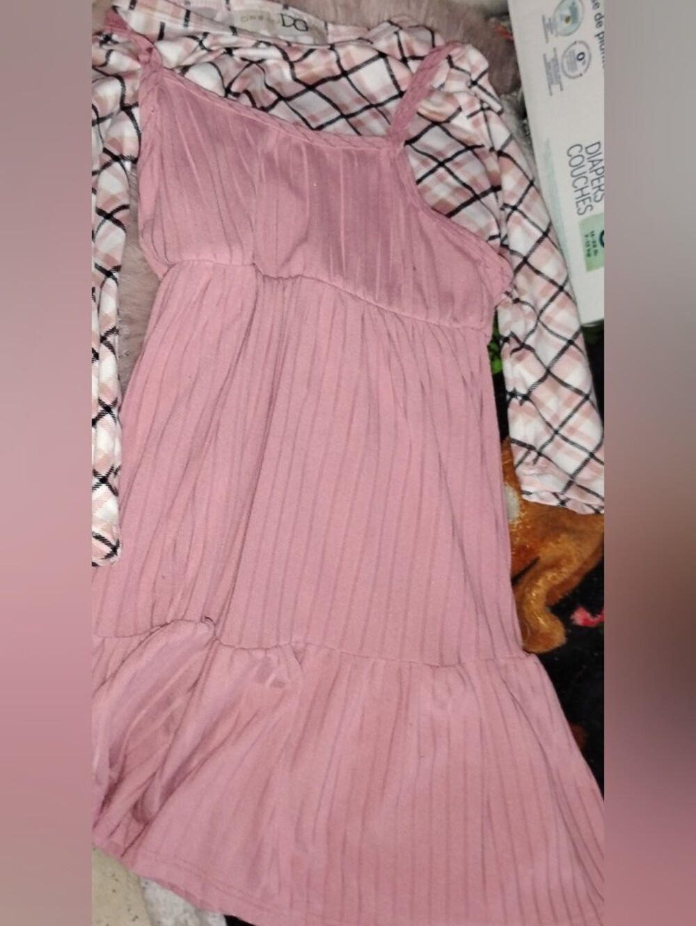 Girls' Dusty Pink Tiered Ruffle Casual Dress with a Long Sleeve Plaid Crop Top